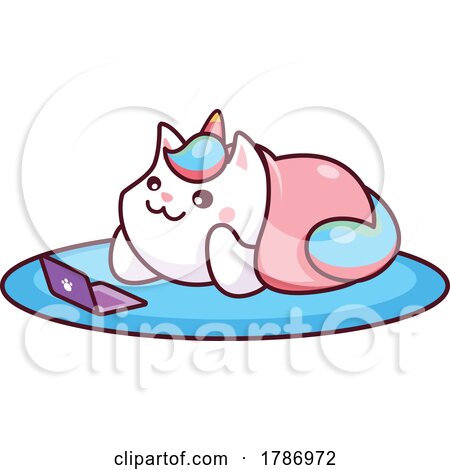 Cartoon Unicorn Cat Watching a Movie on a Laptop by Vector Tradition SM