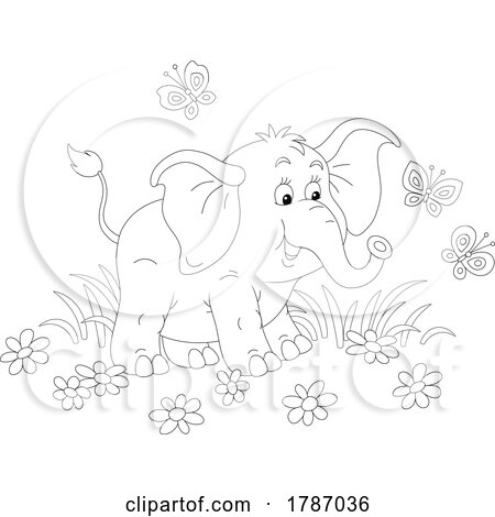 Cartoon black and white Baby Elephant with Butterflies by Alex Bannykh
