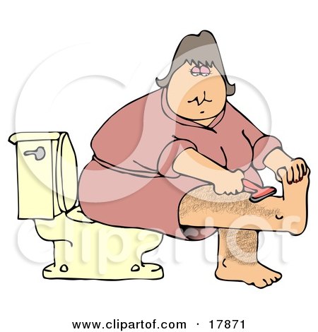 Clipart Illustration of a Middle Aged Caucasian Woman In A Pink Robe, Sitting On A Toilet In A Bathroom And Shaving Her Hairy Leg by djart