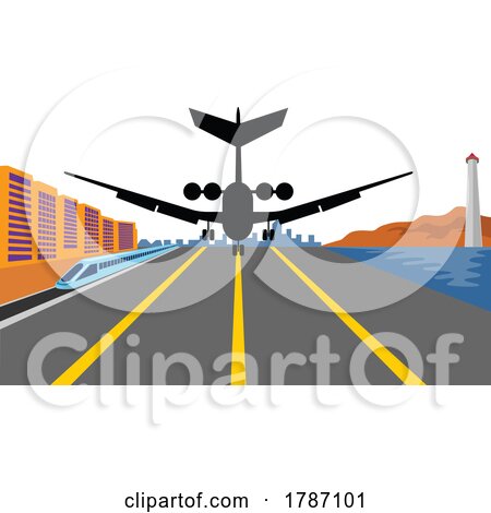 Commercial Jet Plane Airliner Landing Wheels down Rear with Cityscape Train and Lighthouse View Isolated Retro by patrimonio