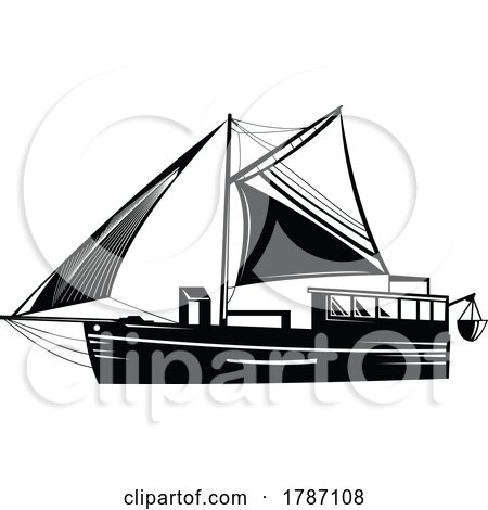 Vintage Fishing Trawler Schooner or Blue Water Motor Sailer Wooden Yacht Side Retro Woodcut Style by patrimonio