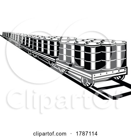 Barrels of Oil on Railcar Railroad Track Isolated Retro Woodcut Style Black and White by patrimonio