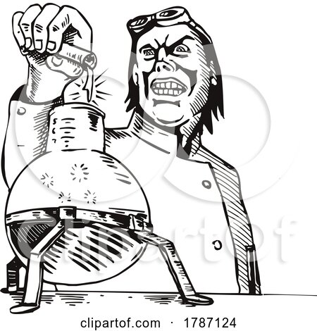 Mad Scientist Pouring Formula from Test Tube to Beaker in Lab Retro Cartoon Style by patrimonio