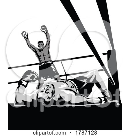 Boxer Celebrating Knockout with Prizefighter on the Canvas Retro Woodcut Style by patrimonio