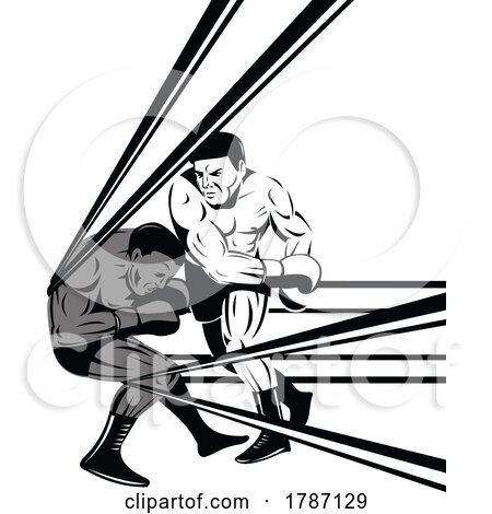 Boxer on the Ropes with Prizefighter Connecting Knockout Punch Retro Woodcut Style by patrimonio