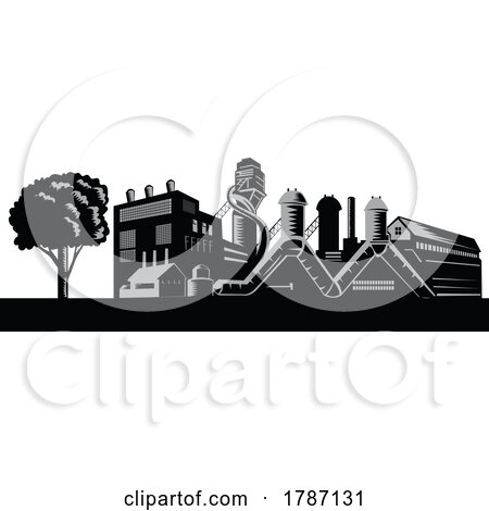 Eco-Friendly Manufacturing Plant or Factory with Tree Isolated Retro Woodcut Style by patrimonio