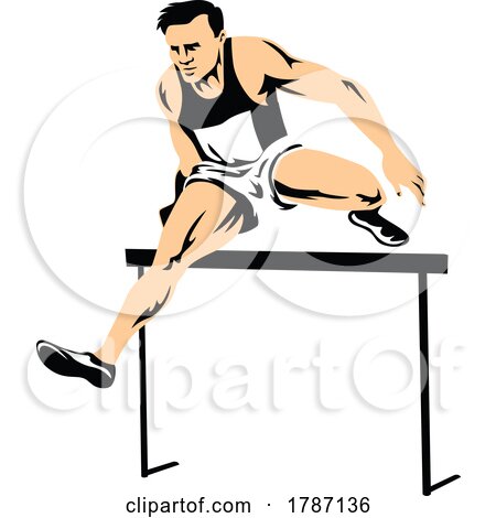 Track and Field Athlete Jumping the Hurdles Front Isolated Retro Style by patrimonio