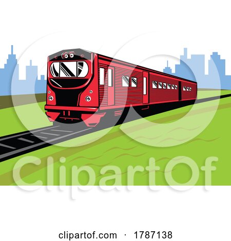 Diesel Passenger Train on Railroad Track with Cityscape Isolated Retro Style by patrimonio