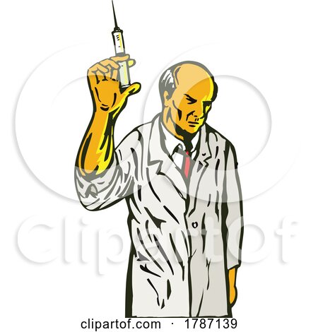 Medical Doctor Nurse or Scientist Holding up a Syringe with Vaccine Isolated Retro Comics Style by patrimonio
