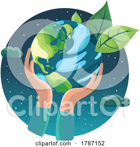 Hand Holding up Planet Earth with Leaves over a Night Sky by beboy