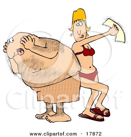 Clipart Illustration of a Middle Aged Hairy Caucasian Man In Shorts Screaming In Pain As A Blond Woman Peels Off A Wax Strip From His Back by djart