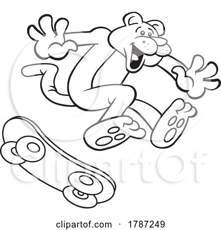 Black and White Cartoon Cougar Mascot Skateboarding by Johnny Sajem