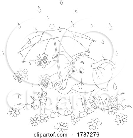Black and White Baby Elephant with Butterflies and an Umbrella by Alex Bannykh