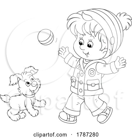 Black and White Puppy and Boy Playing with a Ball by Alex Bannykh