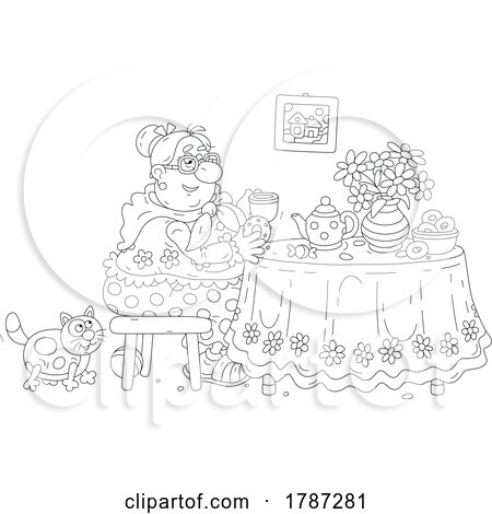 Black and White Cartoon Lady and Cat Having Tea and Donuts by Alex Bannykh