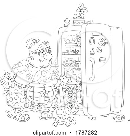 Black and White Cartoon Lady and Cat Looking in a Fridge by Alex Bannykh
