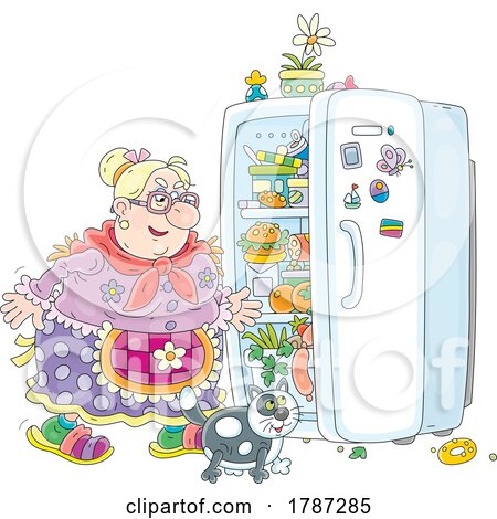 Cartoon Lady and Cat Looking in a Fridge by Alex Bannykh