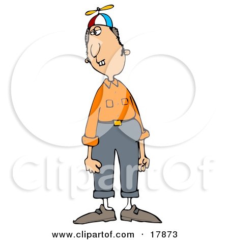 Clipart Illustration of a Nerdy Caucasian Man With Buck Teeth, Wearing A Spinner Hat, Orange Shirt And Pants And Looking To The Side by djart