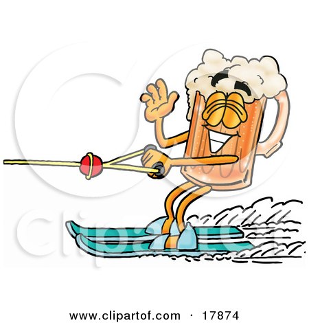 Clipart Picture of a Beer Mug Mascot Cartoon Character Waving While Passing by on Water Skis by Mascot Junction