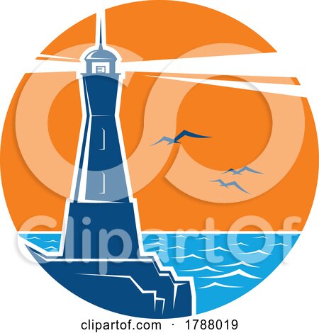 Lighthouse with Beacon Sunset Water and Gulls by Vector Tradition SM