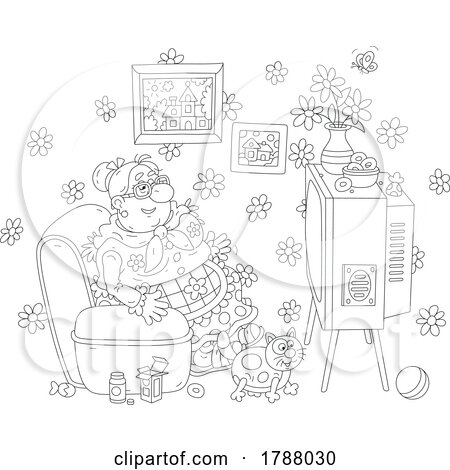 Black and White Cartoon Senior Lady and Cat Watching Tv by Alex Bannykh