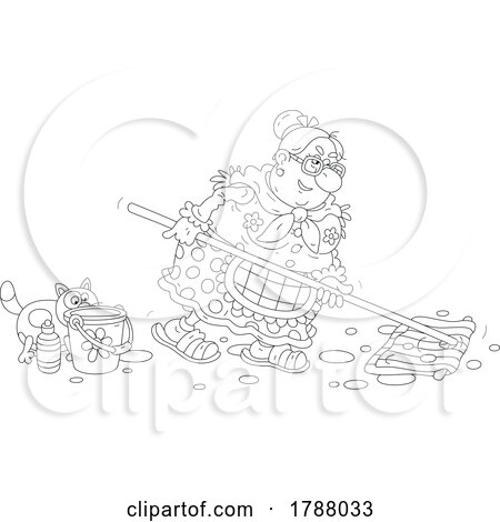 Black and White Cartoon Senior Lady and Cat Mopping by Alex Bannykh