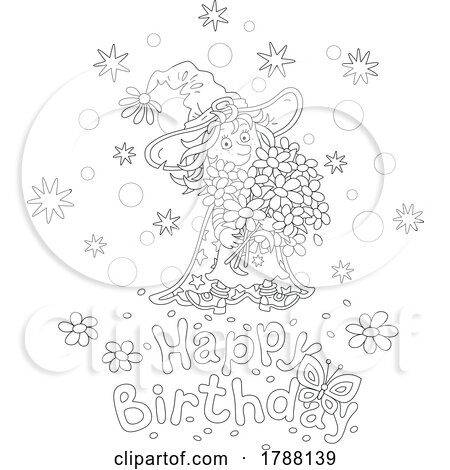 Cartoon Black and White Witch with Flowers over a Happy Birthday Greeting by Alex Bannykh