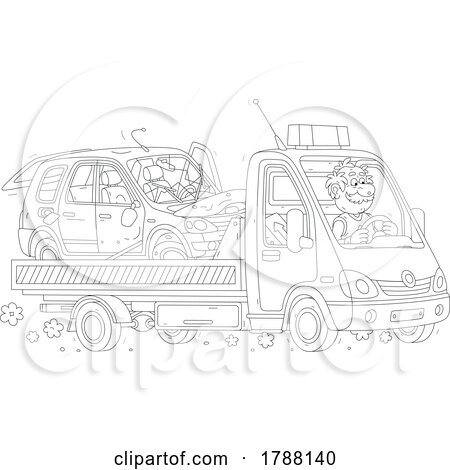 Cartoon Black and White Tow Truck Driver Taking Away a Wrecked Car by Alex Bannykh