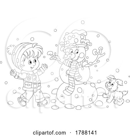 Cartoon Black and White Boy and Puppy Making a Snowman by Alex Bannykh