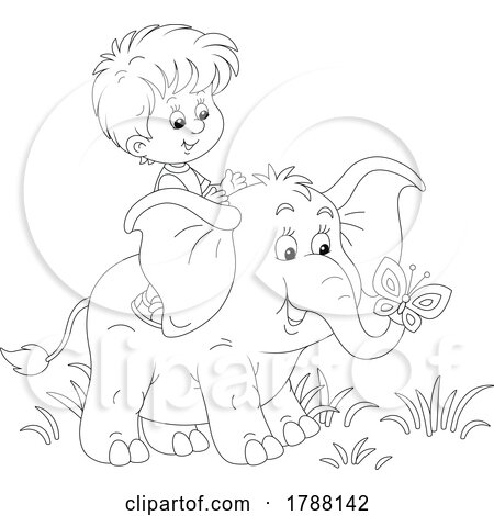 Cartoon Black and White Boy Riding on a Cute Elephant by Alex Bannykh