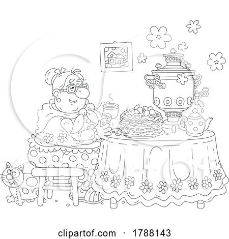 Cartoon Black and White Woman Eating a Meal by Alex Bannykh