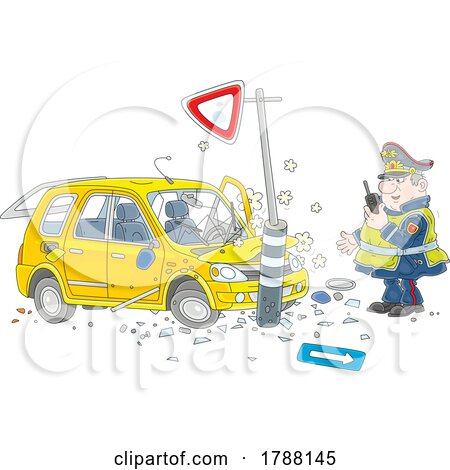 Cartoon Police Officer and Wrecked Car by Alex Bannykh