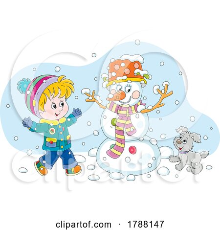 Cartoon Boy and Puppy Making a Snowman by Alex Bannykh