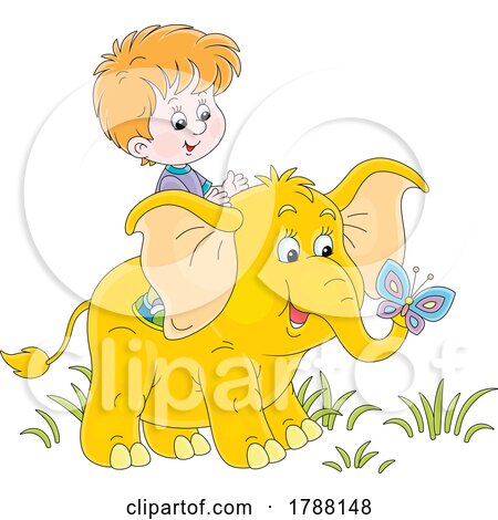 Cartoon Boy Riding on a Cute Elephant by Alex Bannykh