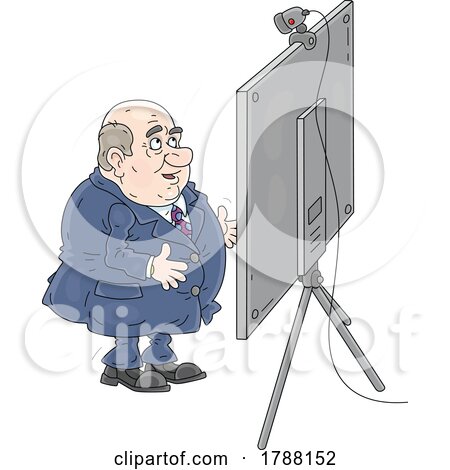 Cartoon Fat Politician or Businessman During a Video Press Conference by Alex Bannykh