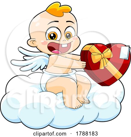 Cartoon Cupid Baby Boy Holding a Box of Valentine Candies on a Cloud by Hit Toon