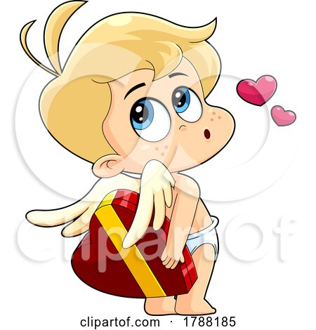 Cartoon Cupid Baby Boy Holding a Box of Valentine Candies Behind His Back by Hit Toon