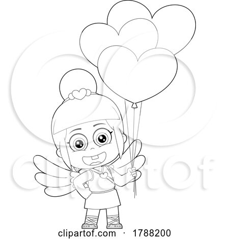 Cartoon Black and White Baby Girl Cupid with Heart Balloons by Hit Toon