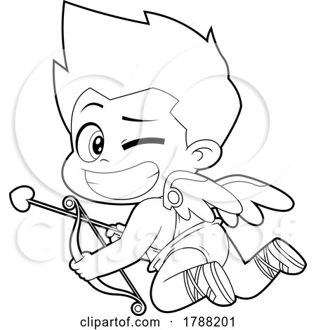 Cartoon Black and White Cupid Baby Boy Winking and Holding a Bow and Arrow by Hit Toon
