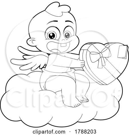 Cartoon Black and White Cupid Baby Boy Holding a Box of Valentine Candies on a Cloud by Hit Toon