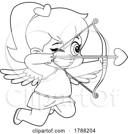Cartoon Black and White Baby Girl Cupid Aiming an Arrow by Hit Toon