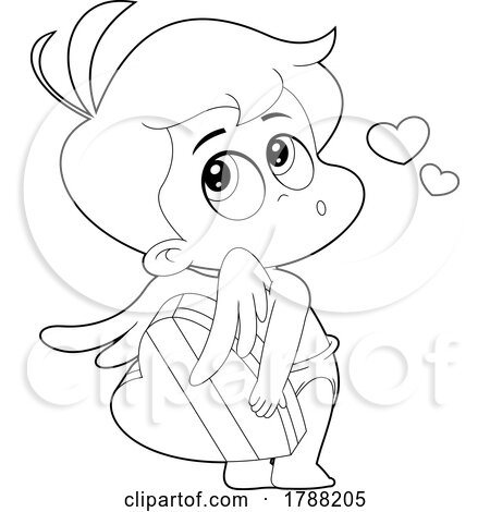 Cartoon Black and White Cupid Baby Boy Holding a Box of Valentine Candies Behind His Back by Hit Toon