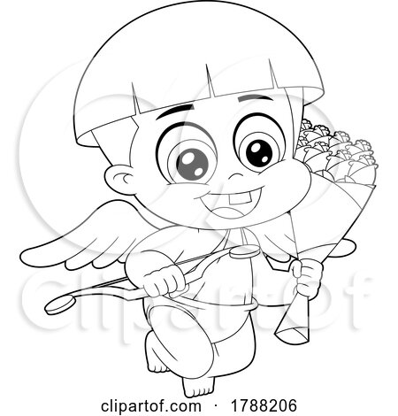 Cartoon Black and White Cupid Baby Boy Holding a Bow and Roses by Hit Toon