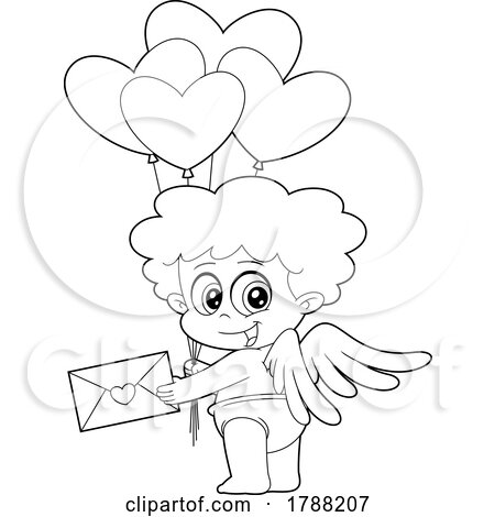 Cartoon Black and White Cupid Baby Boy Holding a Valentine and Heart Balloons by Hit Toon
