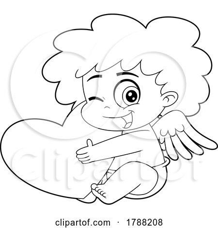 Cartoon Black and White Cupid Baby Boy Hugging a Heart by Hit Toon