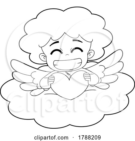 Cartoon Black and White Baby Girl Cupid Holding a Heart on a Cloud by Hit Toon