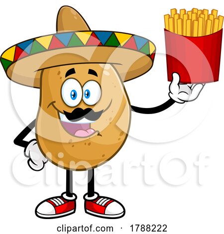 Cartoon Mexican Potato Mascot Holding up Fries by Hit Toon