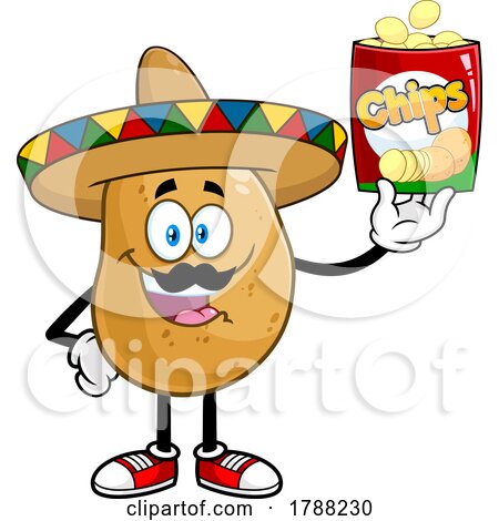 Cartoon Mexican Potato Mascot Holding a Bag of Chips by Hit Toon
