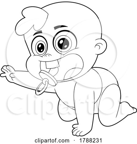 Cartoon Black and White Baby Boy Reaching and Releasing a Pacifier While Crawling by Hit Toon