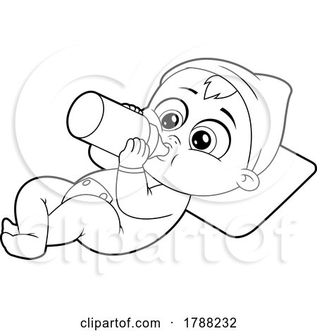 Cartoon Black and White Baby Boy Holding a Bottle and Resting on a Pillow by Hit Toon